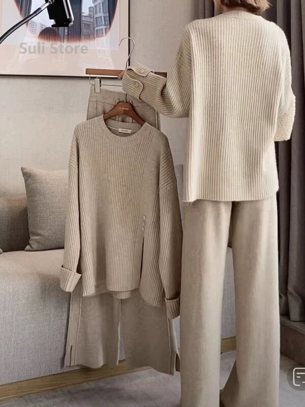 Jesen i zima 2024. Lazy Retro Hem Split džemper Žensko jednostavno ležerno široko i tanko pleteno odijelo smislenog dizajna