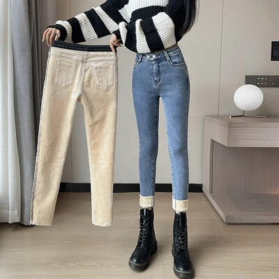 ZOENOVA Korea talvine termofliis kitsad soojad teksad naiste samet vabaaja teksa paksud pliiatspüksid lihtsad fliisist teksapüksid