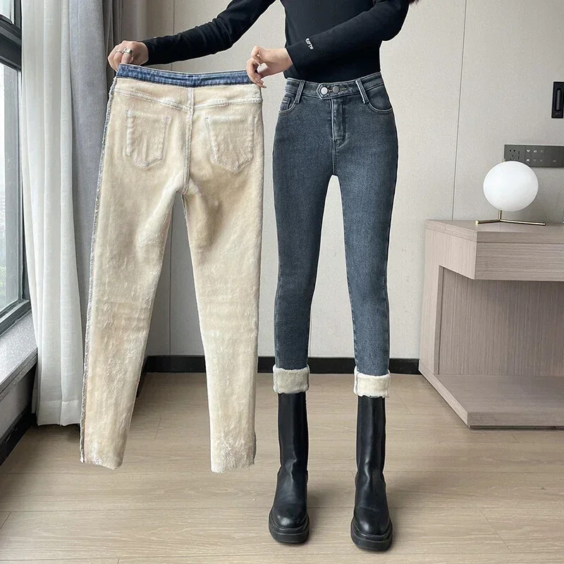 ZOENOVA Korea talvine termofliis kitsad soojad teksad naiste samet vabaaja teksa paksud pliiatspüksid lihtsad fliisist teksapüksid