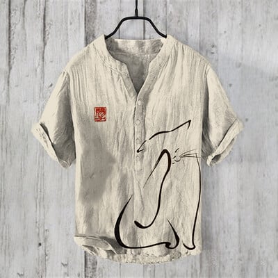 Cămașă Henry - Tricou cu mâneci scurte pentru bărbați, Cămașă casual cu imprimeu artistic, Top pentru îmbrăcăminte la modă elegantă de vară, S-5XL