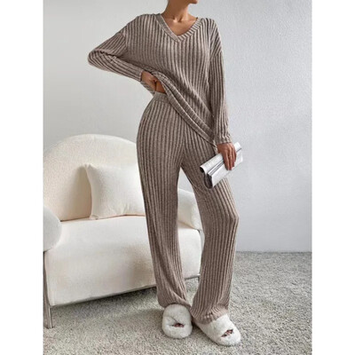 Modes ikdienas bikses ar taisnām kājām Elegantas brīvi pieguļošas V veida kakla izgriezuma rievotas trikotāžas kostīms jaunajam rudens/ziemas 2-daļīgs komplekts
