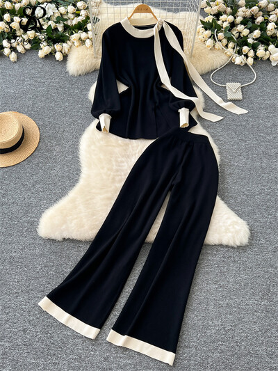 SINGREINY Biroja dāmu rudens divu gabalu uzvalki Sieviešu O kakla Laternas Piedurknēm Mežģīnes Tops + Elastīgas garās bikses Modes adīšanas komplekti