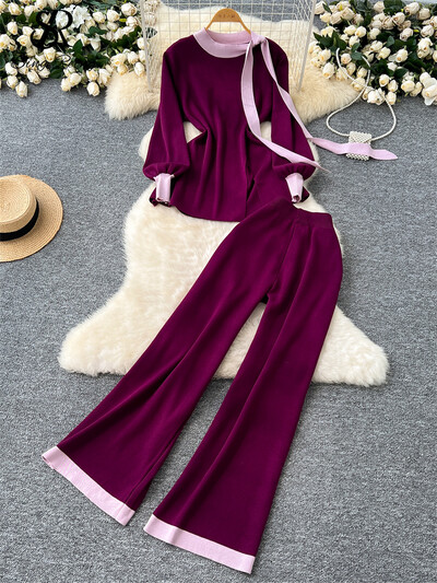 SINGREINY Biroja dāmu rudens divu gabalu uzvalki Sieviešu O kakla Laternas Piedurknēm Mežģīnes Tops + Elastīgas garās bikses Modes adīšanas komplekti