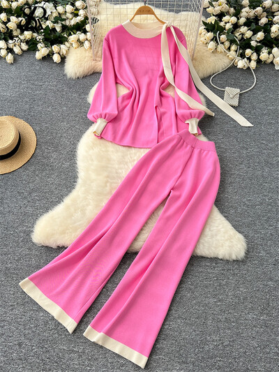 SINGREINY Biroja dāmu rudens divu gabalu uzvalki Sieviešu O kakla Laternas Piedurknēm Mežģīnes Tops + Elastīgas garās bikses Modes adīšanas komplekti