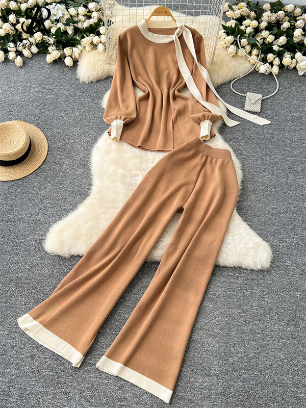 SINGREINY Biroja dāmu rudens divu gabalu uzvalki Sieviešu O kakla Laternas Piedurknēm Mežģīnes Tops + Elastīgas garās bikses Modes adīšanas komplekti