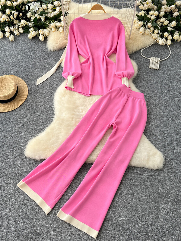 SINGREINY Biroja dāmu rudens divu gabalu uzvalki Sieviešu O kakla Laternas Piedurknēm Mežģīnes Tops + Elastīgas garās bikses Modes adīšanas komplekti