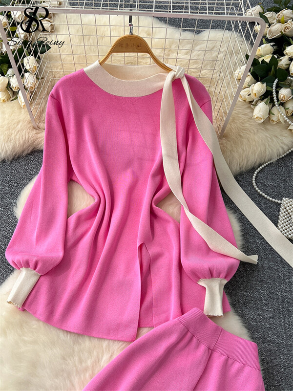 SINGREINY Biroja dāmu rudens divu gabalu uzvalki Sieviešu O kakla Laternas Piedurknēm Mežģīnes Tops + Elastīgas garās bikses Modes adīšanas komplekti