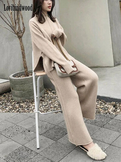 Loribindwoodi silmkoeline kampsun, laia säärega pükste ülikond naistele Sügis/talv 2022 Uus Korea vaba mood kaheosaline komplekt