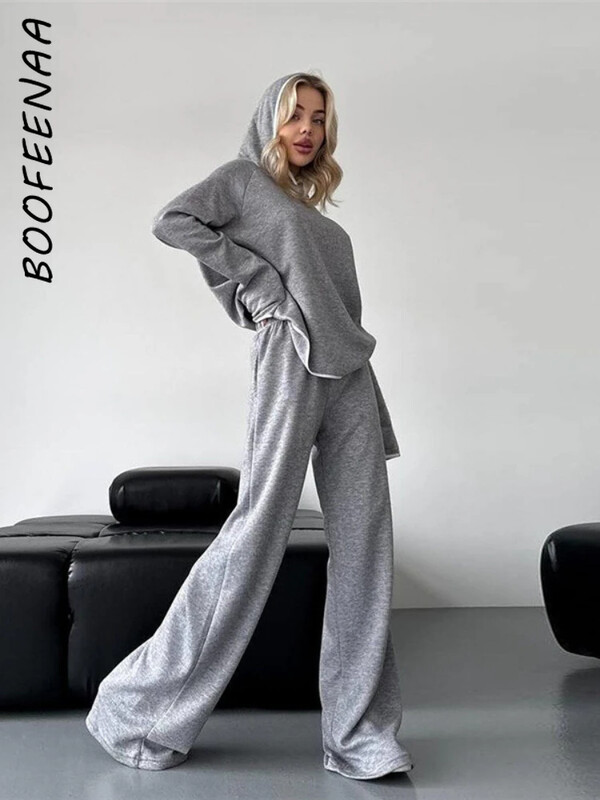 BOOFEENAA trikotāžas kapuces un sporta bikses divdaļīgs komplekts sievietēm sporta tērpu komplekti 2024. gada ziemas tērpi, mājīgs skriešanas tērps C83-EE72