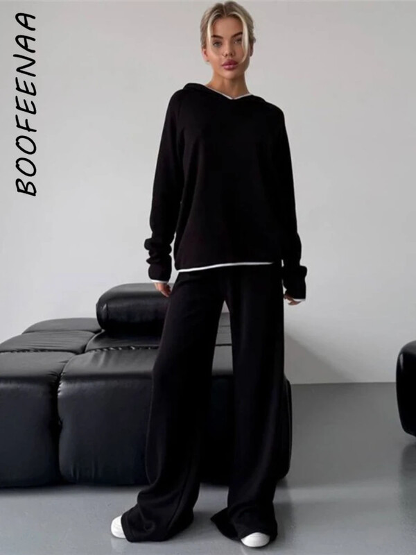 BOOFEENAA trikotāžas kapuces un sporta bikses divdaļīgs komplekts sievietēm sporta tērpu komplekti 2024. gada ziemas tērpi, mājīgs skriešanas tērps C83-EE72