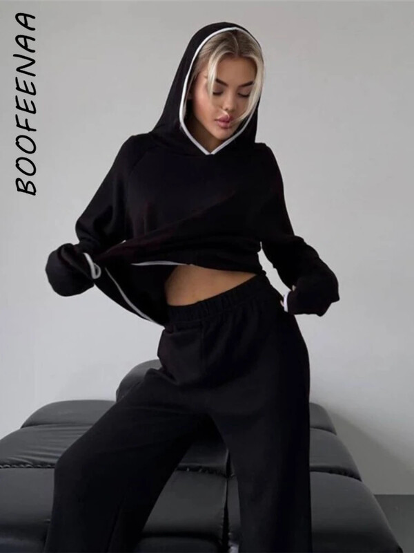 BOOFEENAA trikotāžas kapuces un sporta bikses divdaļīgs komplekts sievietēm sporta tērpu komplekti 2024. gada ziemas tērpi, mājīgs skriešanas tērps C83-EE72