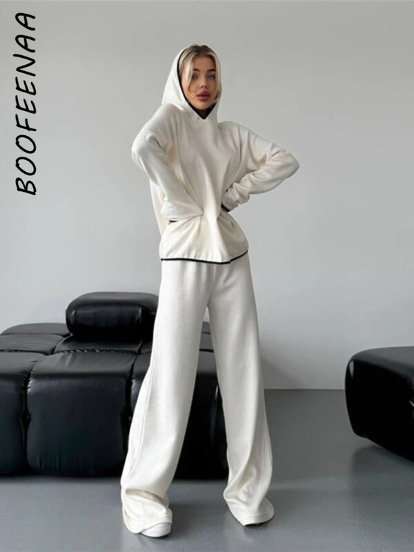 BOOFEENAA trikotāžas kapuces un sporta bikses divdaļīgs komplekts sievietēm sporta tērpu komplekti 2024. gada ziemas tērpi, mājīgs skriešanas tērps C83-EE72
