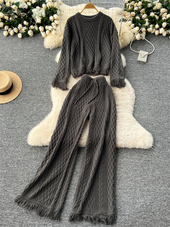 SINGREINY Vintage Tassel Knitting Two Pieces Suits Women O Deck Loose Sweater + Drawstring Long Pants French Style 2pcs Sets