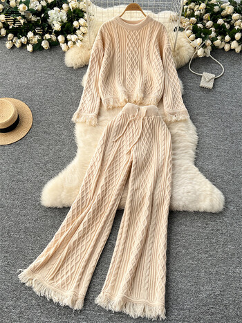 SINGREINY Vintage Tassel Knitting Two Pieces Suits Women O Deck Loose Sweater + Drawstring Long Pants French Style 2pcs Sets