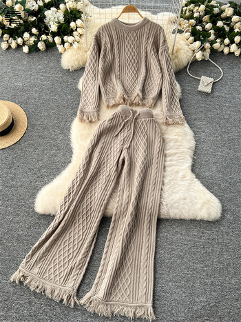 SINGREINY Vintage Tassel Knitting Two Pieces Suits Women O Deck Loose Sweater + Drawstring Long Pants French Style 2pcs Sets