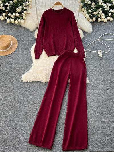 SINGREINY ziemas brīvi divu gabalu uzvalki sievietēm, džemperis + garās bikses, 2024. gada jaunākie ikdienas modes biezie komplekti