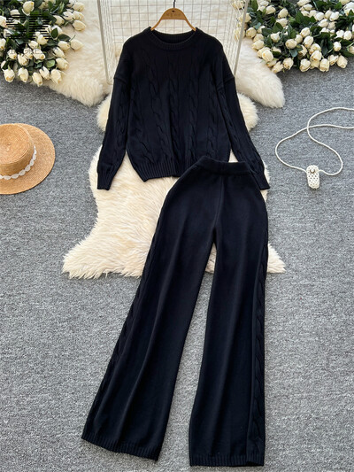 SINGREINY ziemas brīvi divu gabalu uzvalki sievietēm, džemperis + garās bikses, 2024. gada jaunākie ikdienas modes biezie komplekti