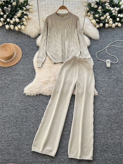 SINGREINY ziemas brīvi divu gabalu uzvalki sievietēm, džemperis + garās bikses, 2024. gada jaunākie ikdienas modes biezie komplekti