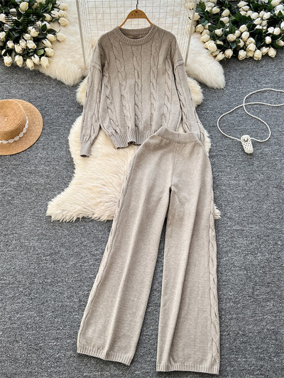 SINGREINY ziemas brīvi divu gabalu uzvalki sievietēm, džemperis + garās bikses, 2024. gada jaunākie ikdienas modes biezie komplekti