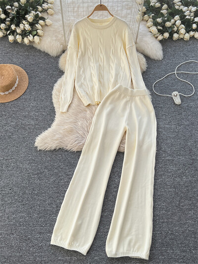 SINGREINY ziemas brīvi divu gabalu uzvalki sievietēm, džemperis + garās bikses, 2024. gada jaunākie ikdienas modes biezie komplekti