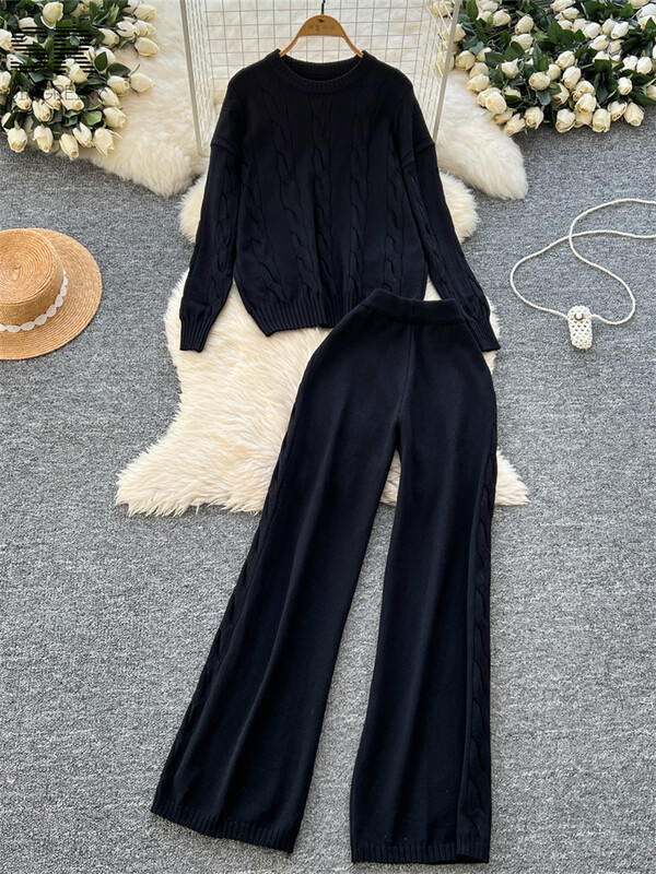 SINGREINY ziemas brīvi divu gabalu uzvalki sievietēm, džemperis + garās bikses, 2024. gada jaunākie ikdienas modes biezie komplekti