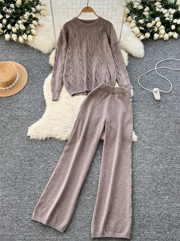 SINGREINY ziemas brīvi divu gabalu uzvalki sievietēm, džemperis + garās bikses, 2024. gada jaunākie ikdienas modes biezie komplekti