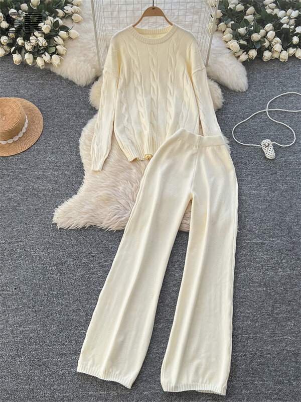 SINGREINY ziemas brīvi divu gabalu uzvalki sievietēm, džemperis + garās bikses, 2024. gada jaunākie ikdienas modes biezie komplekti