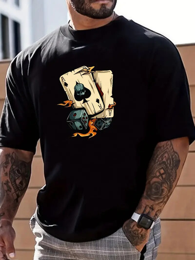 Анимационен покер принт, мъжка тениска с кръгло деколте с графичен дизайн, ежедневни удобни тениски за лято, горнища на мъжки дрехи за всеки ден