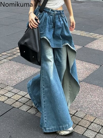 Streetwear Fashion Y2k Jeans Harajuku Pantaloni evazați coreeni Pantalon Femme Patchwork Falși doi pantaloni șic din denim 2025 Pantaloni noi