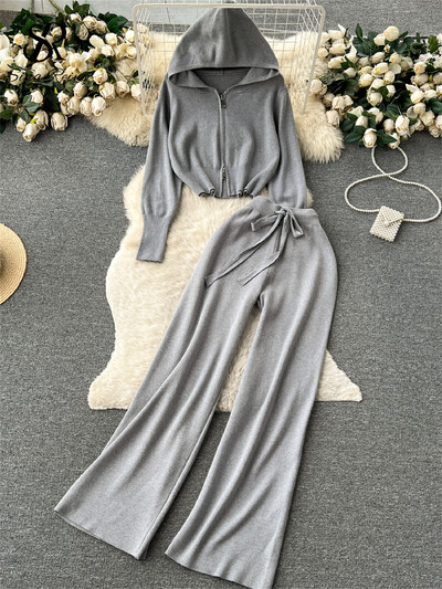 SINGREINY mood vabaaja spordirõivaste kootud kostüümid lukuga kapuuts + elastne vöökoht pingutusnöör laiad sääred pikad püksid talve kaheosalised komplektid