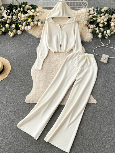 SINGREINY mood vabaaja spordirõivaste kootud kostüümid lukuga kapuuts + elastne vöökoht pingutusnöör laiad sääred pikad püksid talve kaheosalised komplektid