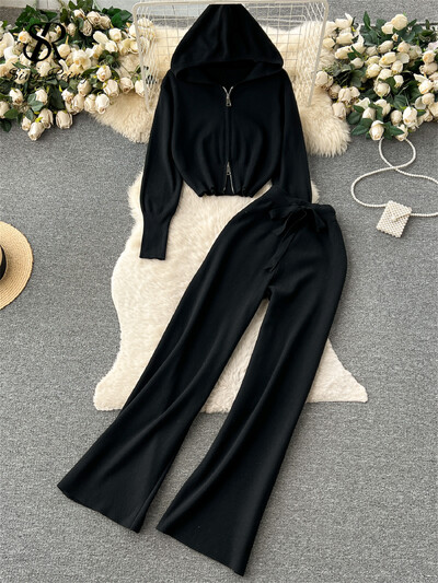 SINGREINY mood vabaaja spordirõivaste kootud kostüümid lukuga kapuuts + elastne vöökoht pingutusnöör laiad sääred pikad püksid talve kaheosalised komplektid