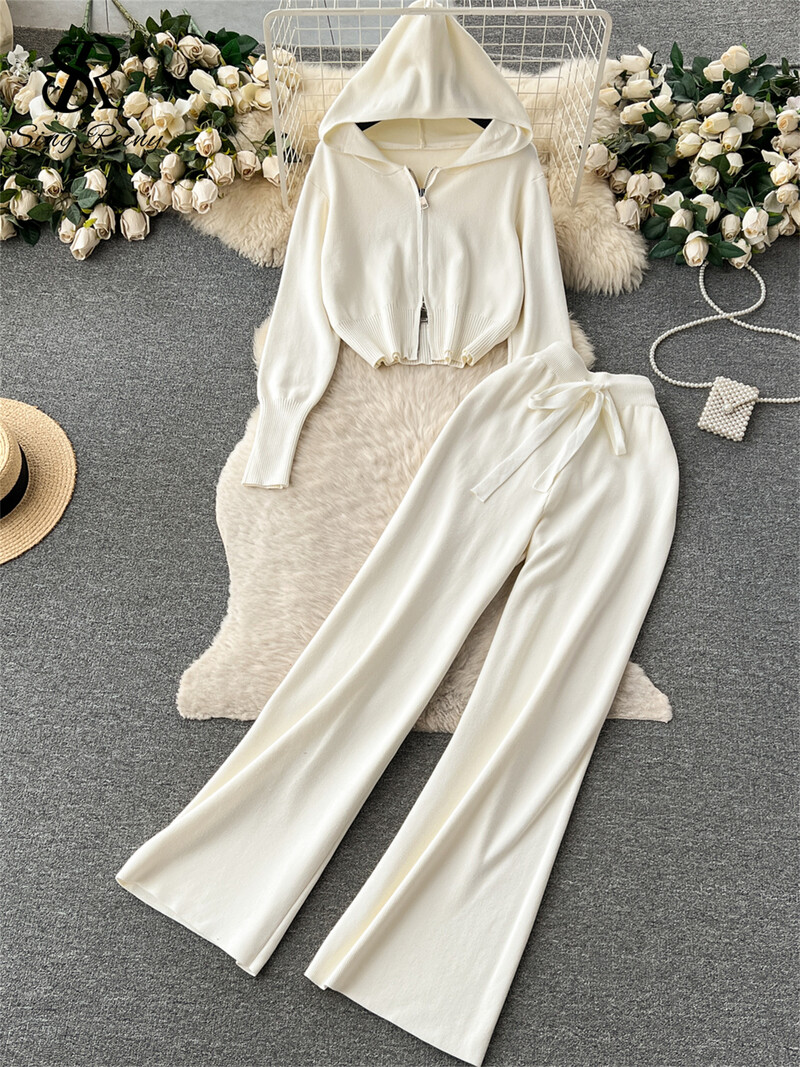 SINGREINY mood vabaaja spordirõivaste kootud kostüümid lukuga kapuuts + elastne vöökoht pingutusnöör laiad sääred pikad püksid talve kaheosalised komplektid