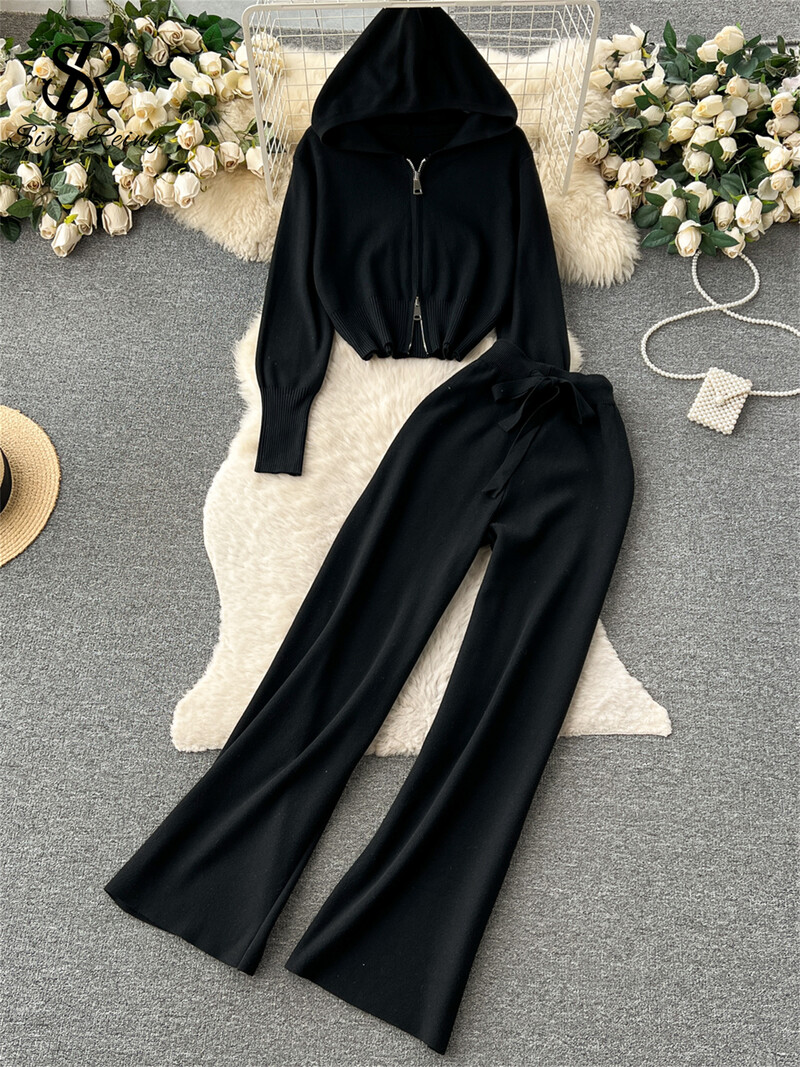 SINGREINY mood vabaaja spordirõivaste kootud kostüümid lukuga kapuuts + elastne vöökoht pingutusnöör laiad sääred pikad püksid talve kaheosalised komplektid