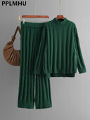 Augsts viduklis Taisnas bikses Apģērbs jauns rudens ziemas savīti trikotāžas 2 gabalu komplekti Sieviešu puskakla džemperis Pulovers Topi Conjuntos