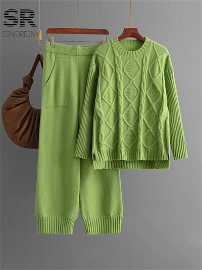 SINGREINY cieti elastīgi, divdaļīgi uzvalki sievietēm ziemas džemperis + augstas kvalitātes Bodycon svārki rudens ikdienas pamati 2gab komplekti