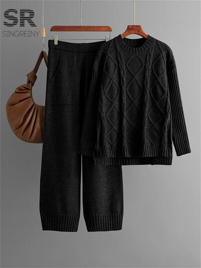 SINGREINY cieti elastīgi, divdaļīgi uzvalki sievietēm ziemas džemperis + augstas kvalitātes Bodycon svārki rudens ikdienas pamati 2gab komplekti