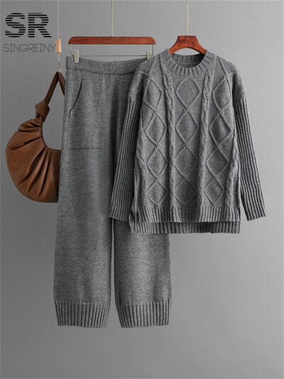 SINGREINY cieti elastīgi, divdaļīgi uzvalki sievietēm ziemas džemperis + augstas kvalitātes Bodycon svārki rudens ikdienas pamati 2gab komplekti