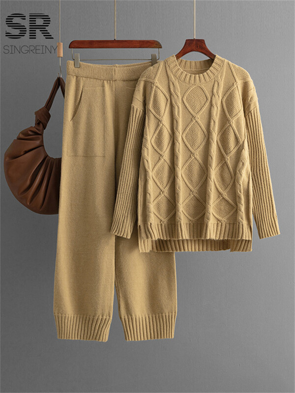 SINGREINY cieti elastīgi, divdaļīgi uzvalki sievietēm ziemas džemperis + augstas kvalitātes Bodycon svārki rudens ikdienas pamati 2gab komplekti