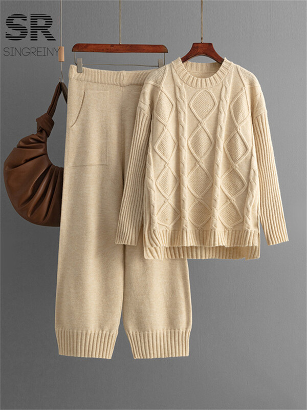 SINGREINY cieti elastīgi, divdaļīgi uzvalki sievietēm ziemas džemperis + augstas kvalitātes Bodycon svārki rudens ikdienas pamati 2gab komplekti