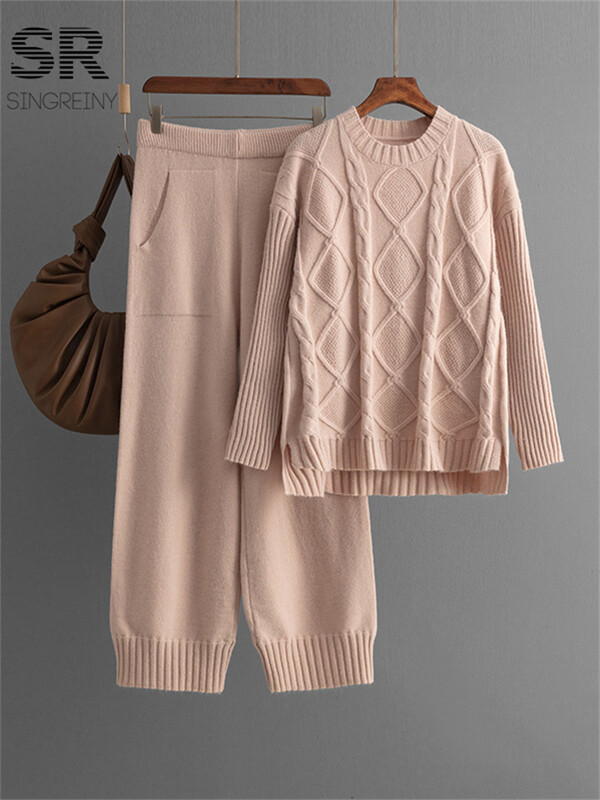 SINGREINY cieti elastīgi, divdaļīgi uzvalki sievietēm ziemas džemperis + augstas kvalitātes Bodycon svārki rudens ikdienas pamati 2gab komplekti