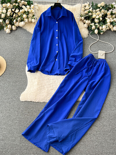 SINGREINY Ежедневни едноцветни комплекти с отложна яка, едноредно сплит горнище + дълги панталони с шнурове Дамски улични костюми за 2023 г.