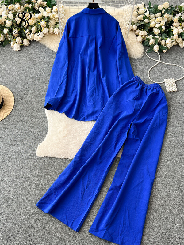 SINGREINY Ежедневни едноцветни комплекти с отложна яка, едноредно сплит горнище + дълги панталони с шнурове Дамски улични костюми за 2023 г.