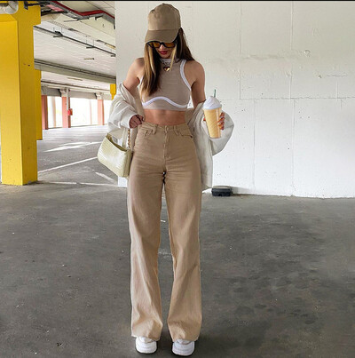 Naiste teksad Sirged püksid, tõmblukuga kõrge vöökoht Denim pahkluu pikkusega lahtised taskud, kergelt veniv, kevad 2024 tänavarõivad