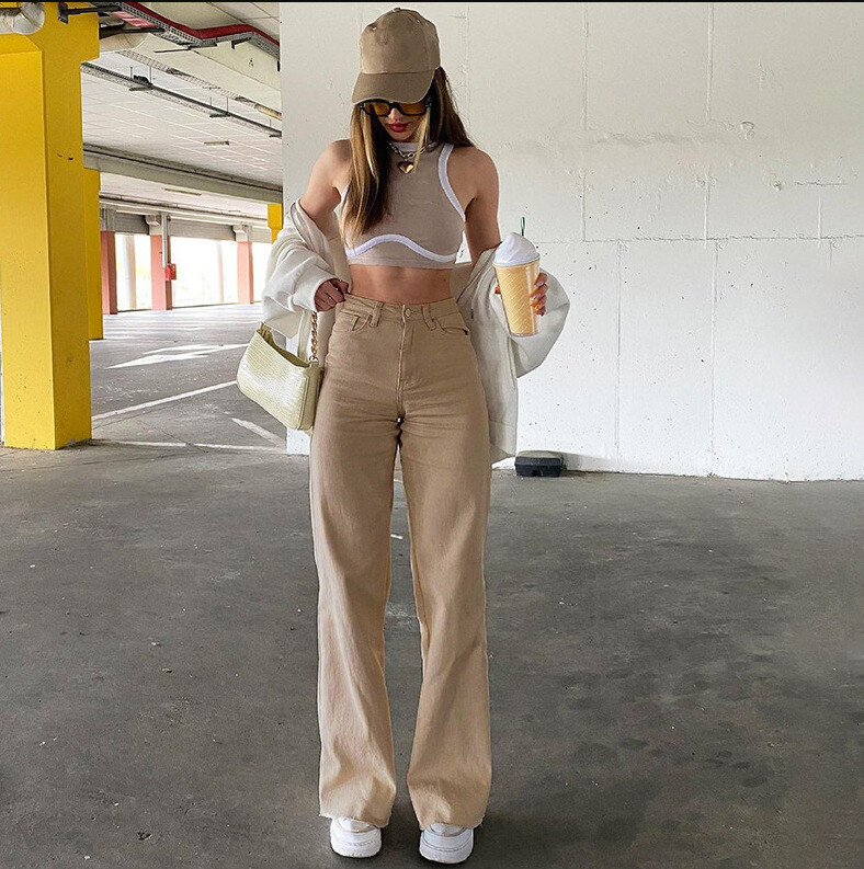 Naiste teksad Sirged püksid, tõmblukuga kõrge vöökoht Denim pahkluu pikkusega lahtised taskud, kergelt veniv, kevad 2024 tänavarõivad