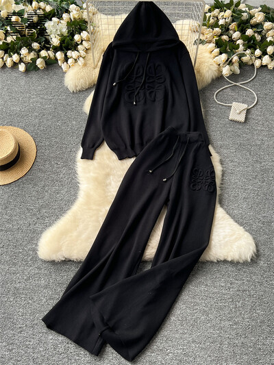 SINGREINY laisk vabaaja kudum, kaheosaline komplekt naiste sügistalvine pikkade varrukatega 3D tekstuuriga trükitud kapuuts + nööriga püksid 2 tk ülikonnad