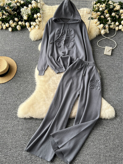 SINGREINY laisk vabaaja kudum, kaheosaline komplekt naiste sügistalvine pikkade varrukatega 3D tekstuuriga trükitud kapuuts + nööriga püksid 2 tk ülikonnad