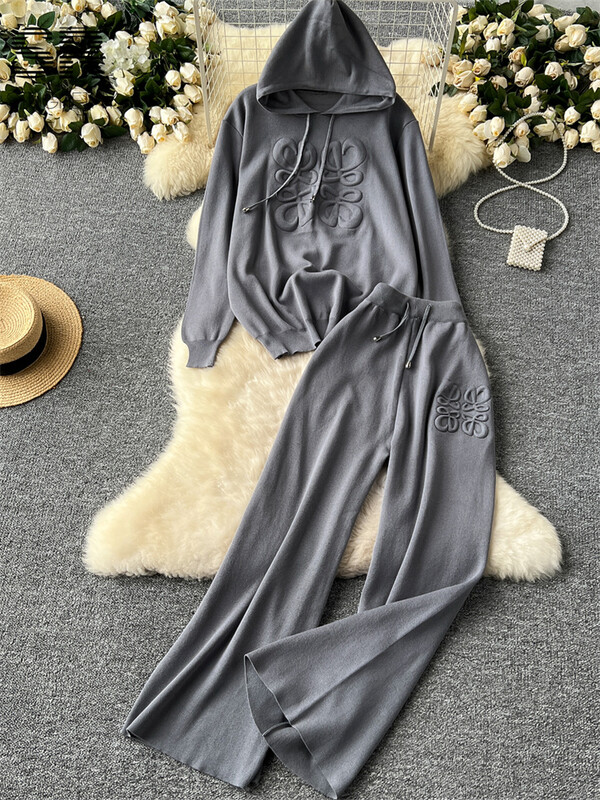 SINGREINY laisk vabaaja kudum, kaheosaline komplekt naiste sügistalvine pikkade varrukatega 3D tekstuuriga trükitud kapuuts + nööriga püksid 2 tk ülikonnad