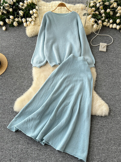 SINGREINY maigi korejiešu 2gab uzvalki sievietēm rudens ziemas brīvs džemperis+elastīgi jostasvietas svārki Sieviešu pamati Adīšana Divu gabalu komplekti