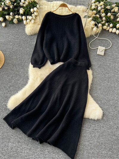 SINGREINY maigi korejiešu 2gab uzvalki sievietēm rudens ziemas brīvs džemperis+elastīgi jostasvietas svārki Sieviešu pamati Adīšana Divu gabalu komplekti